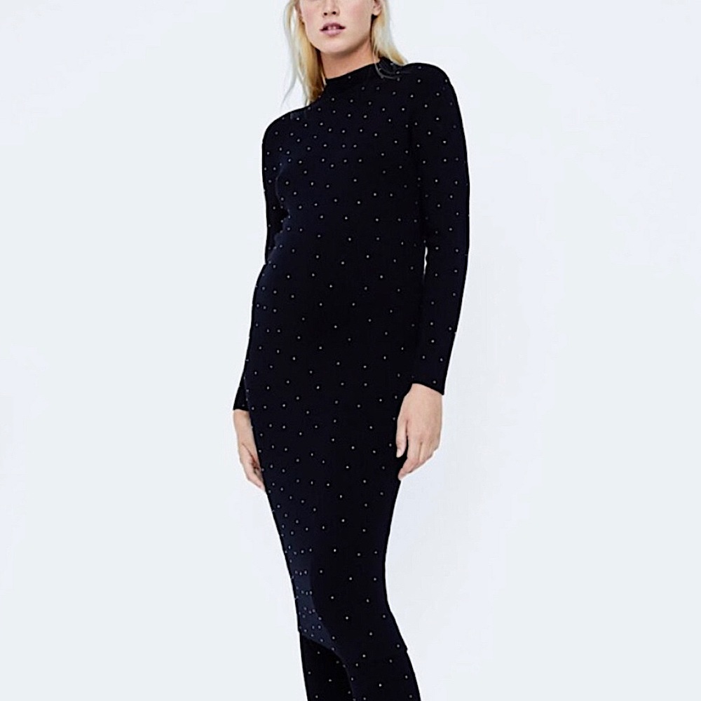 zara knit midi dress with beads Black Silver Studded Black low heel sandals